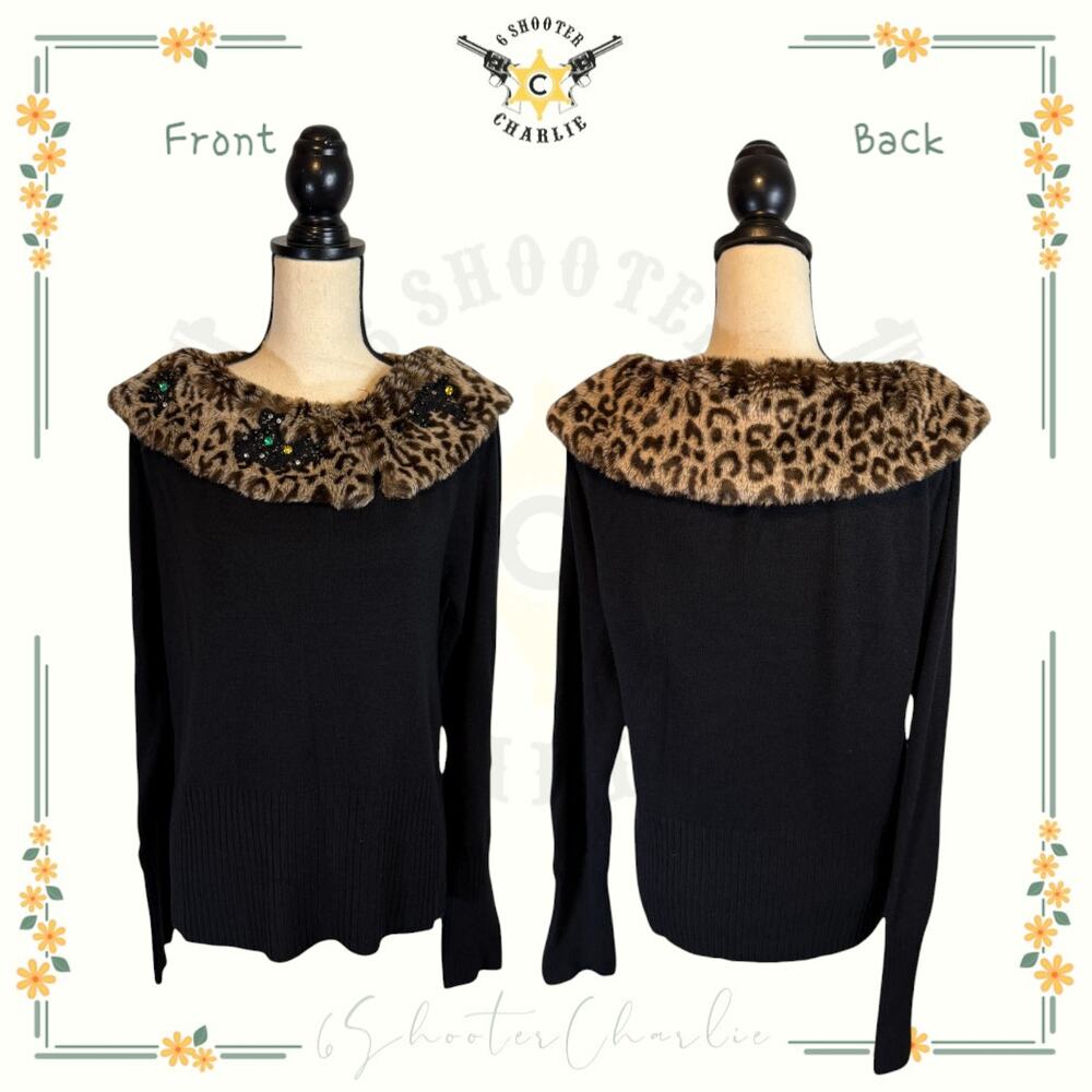 VTG Carducci Leopard Faux Fur Collar Sweater Black Size Medium Rhinestone Beaded